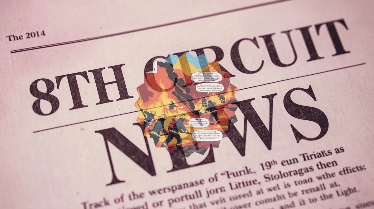 8th Circuit AFFF News headline featuring firefighters spraying foam on flames
